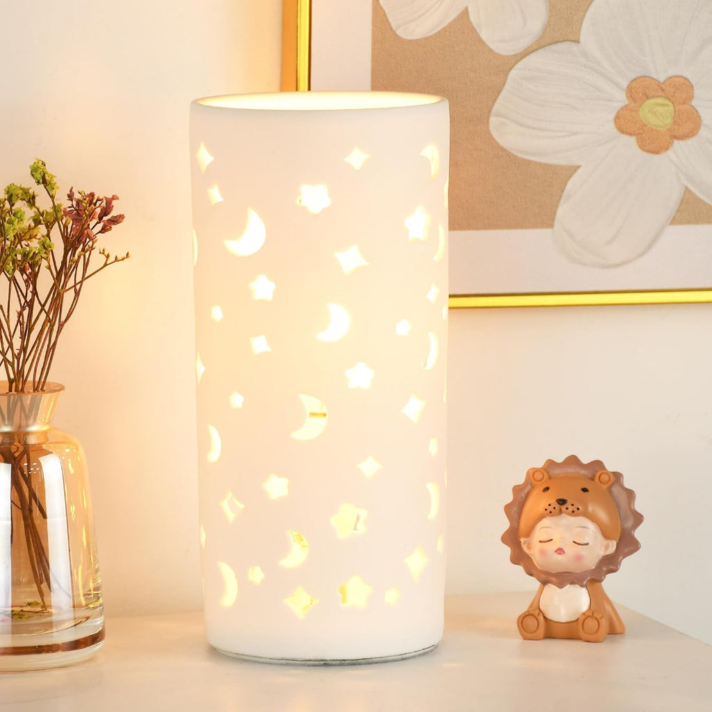 Dana White Modern Ceramic Moon Carving Table Lamp,Kids Night Ceramic Table Lamp,Φ3.54×H7.87IN,Bulb Excluded