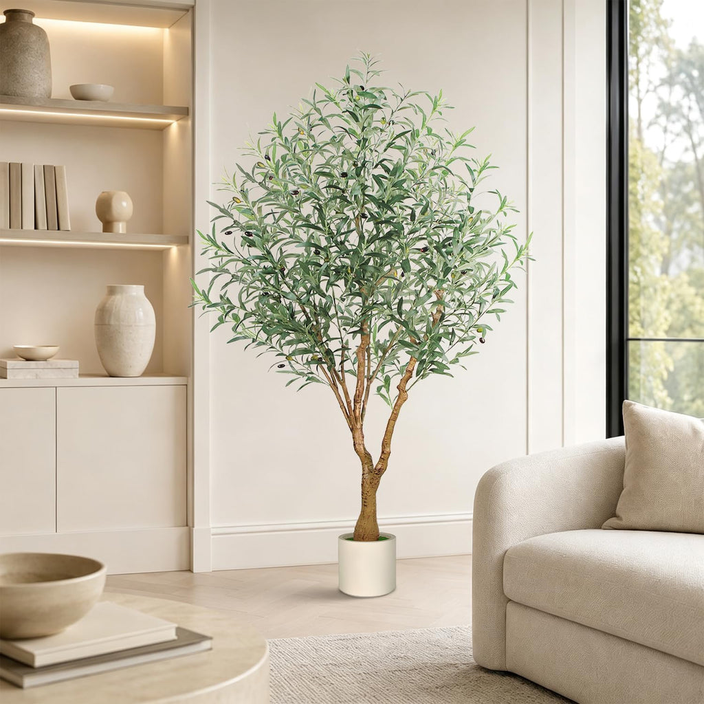 Olive Trees Artificial Indoor, 6FT Faux Olive Tree with White Tall Planter, Full Lush Artificial Plants with Large
