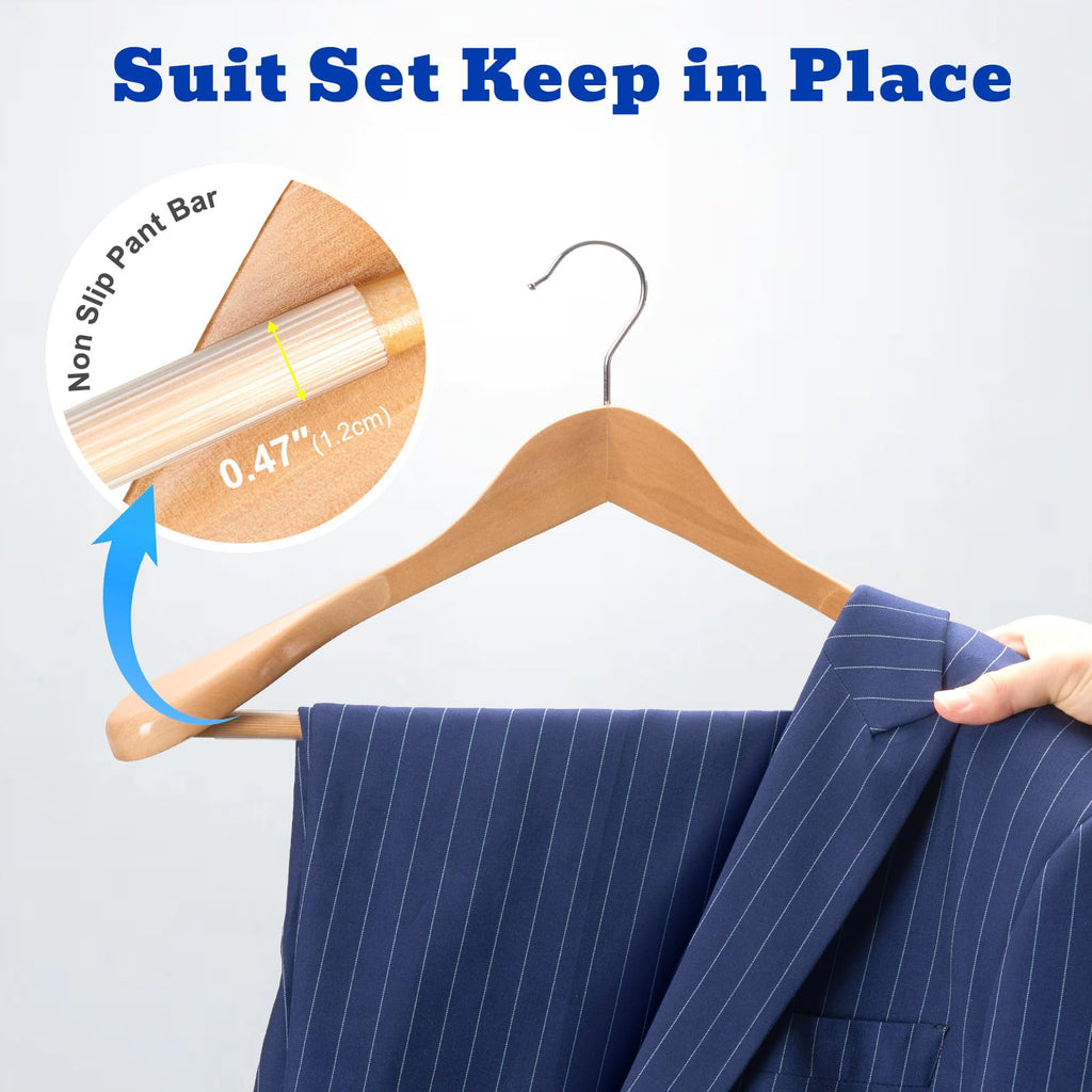 Wide Shoulder Wooden Hangers, Suit Hangers with Non Slip Pants Bar, Smooth Finish 360° Swivel Hook High-Grade Solid