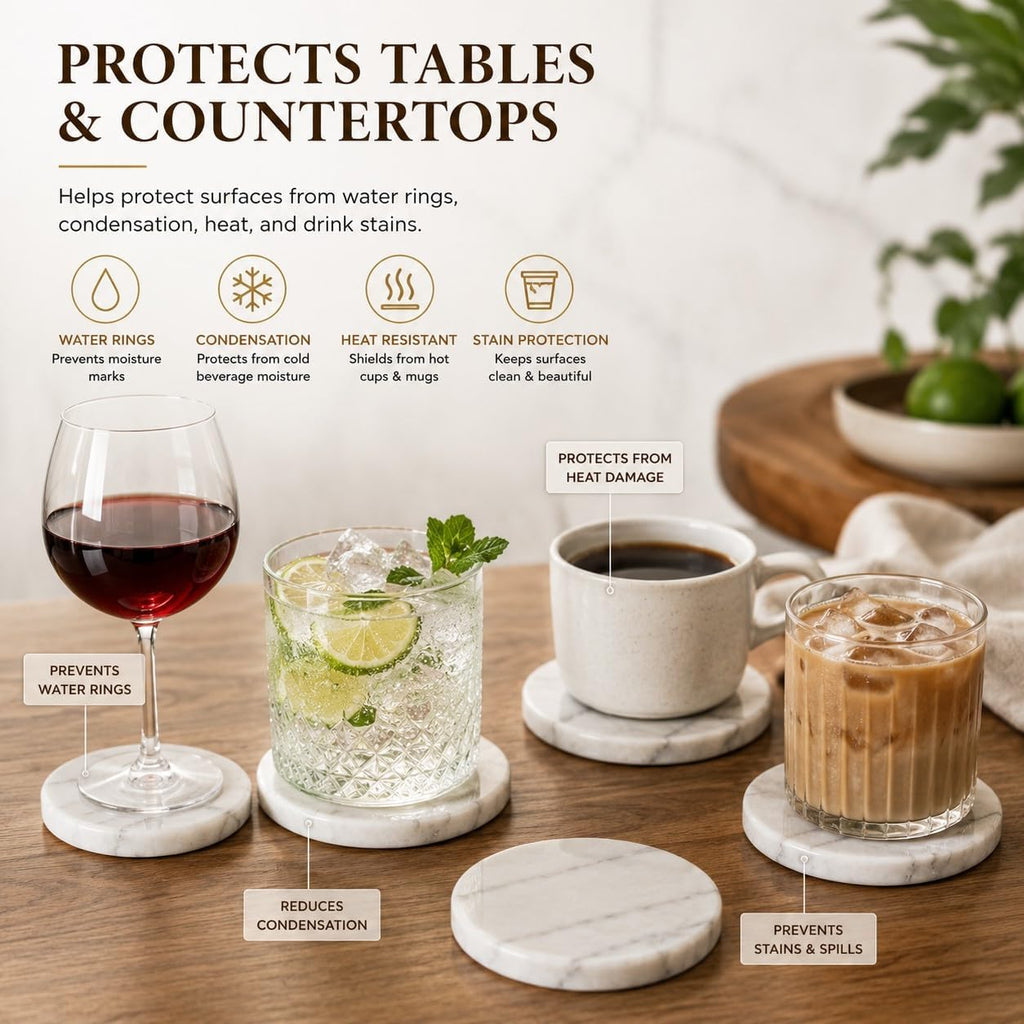 Genuine Marble Drink Coasters, 4-Inch Round Heat-Resistant Stone Coasters with Non-Slip EVA Backing - Set of 4