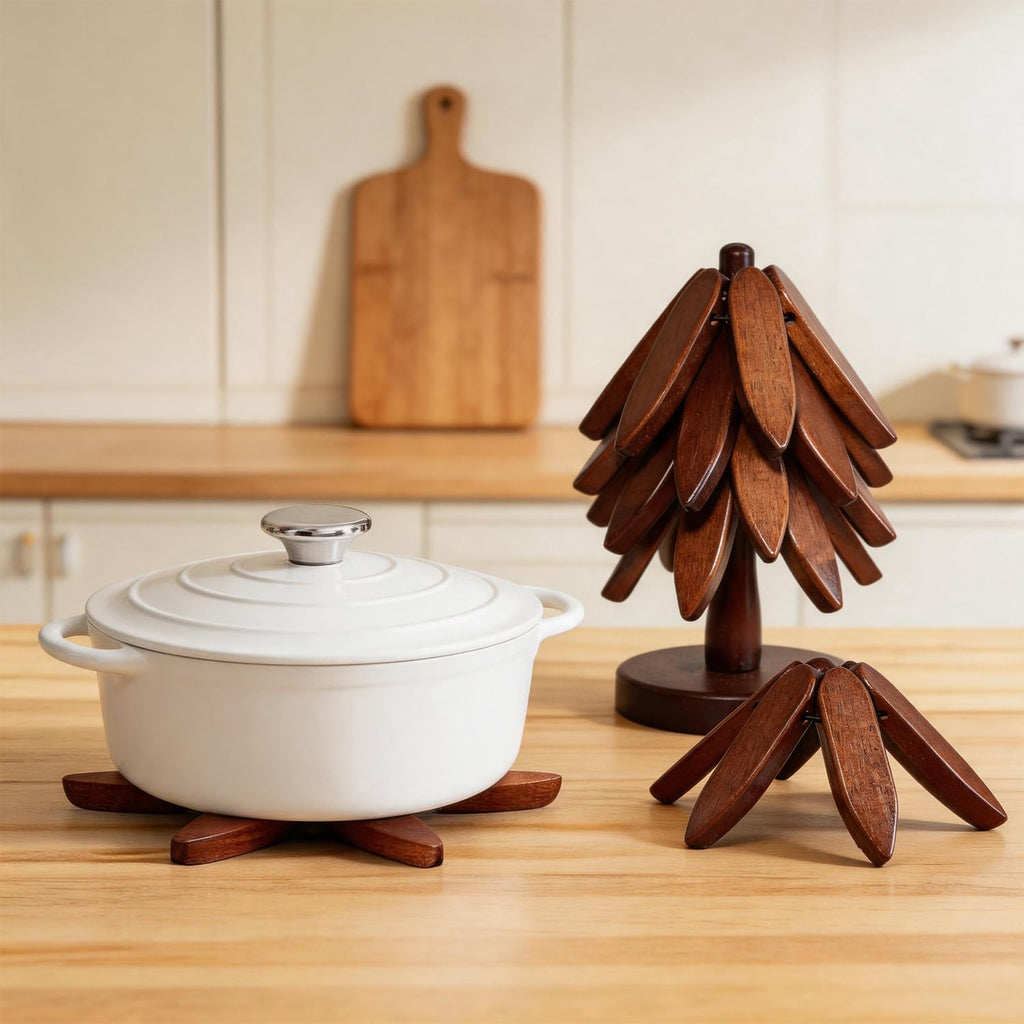 Wooden Trivets for Hot Dishes, Tree Shape Trivet Set, 4 Walnut Wood + 1 Stand stored Like a Christmas Tree,Foldable - Set of 5