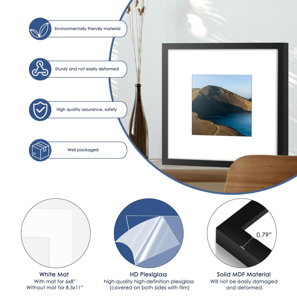 12x12 Picture Frame Set of 6, Wall Mount Display, Black
