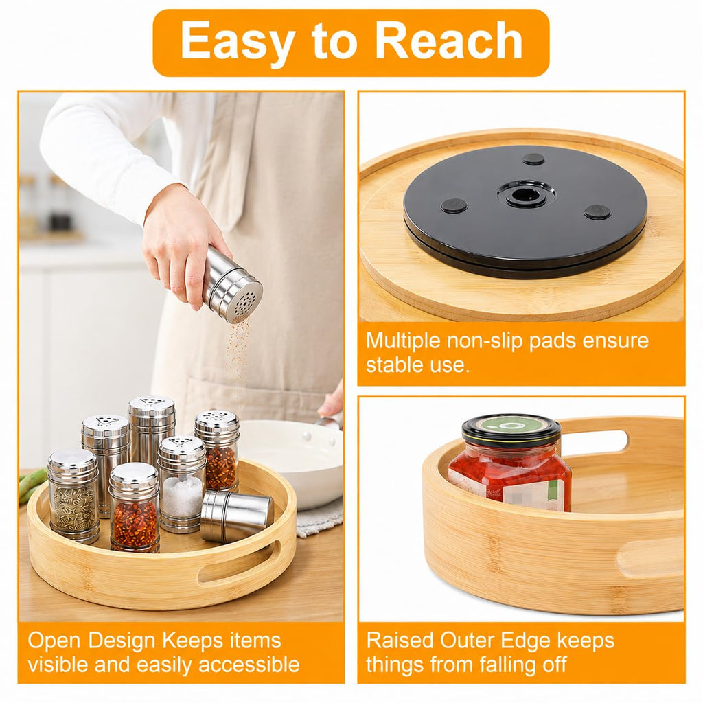 Bamboo Lazy Susan Turntable Organizer 10 in - Round Rotating Spice Rack with Handles,Wood Turntable Cabinet
