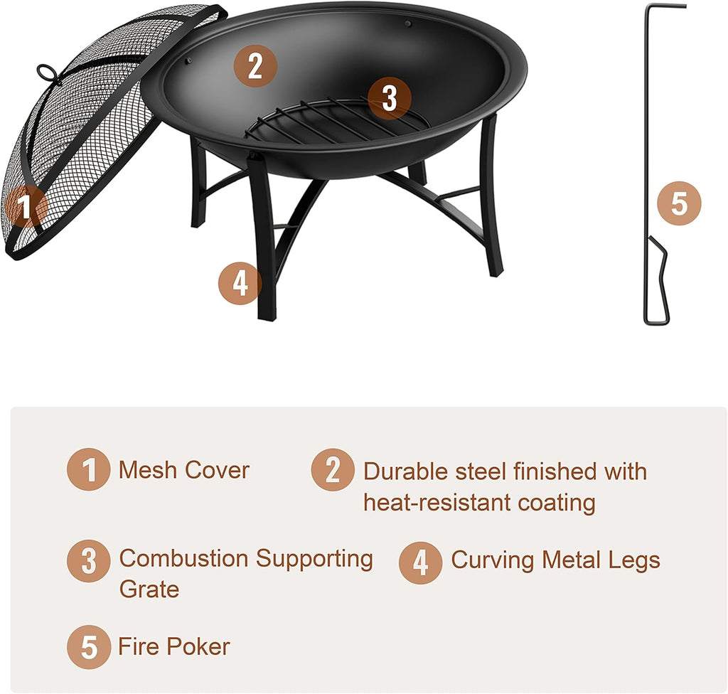 Fire Pit for Outside Wood Burning,BBQ Grill Steel Fire Bowl with Spark Screen Cover,Log Grate,Poker for Camping Beach Bonfire Picnic Backyard Garden - Image 7