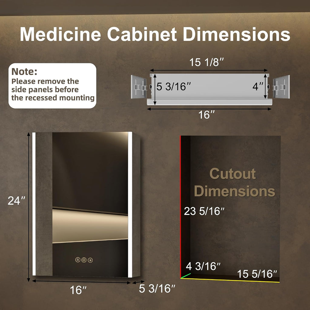 16 x 24 Inch Medicine Cabinet with Mirror and LED Light | Recessed, Wall-Mounted, Dimmable, Anti-Fog, Memory