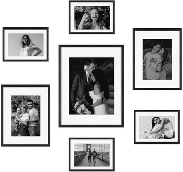 7 Pack Aluminum Picture Frame with Mat for Gallery Wall, Black | Set includes one 11x14, two 8x10, four 5x7 frames