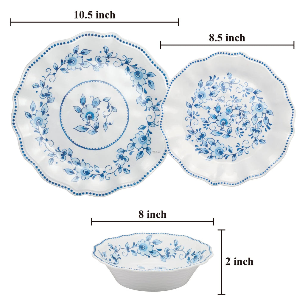 12 Piece Blue and White Floral Melamine Dinnerware Sets, Outdoor Dishes Set, Plates and Bowls Sets, Service for 4