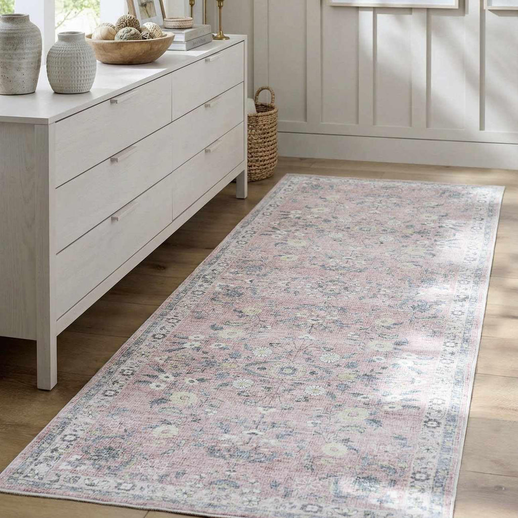 Constantine Machine Washable Area Rug - Floral Border Medallion Distressed Botanical - Traditional Oriental