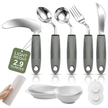 9 Pcs Adaptive Utensils Set for Elderly, 2.9oz Weighted Utensils with Canvas Travel Wrap, 45°Utensils for Hand