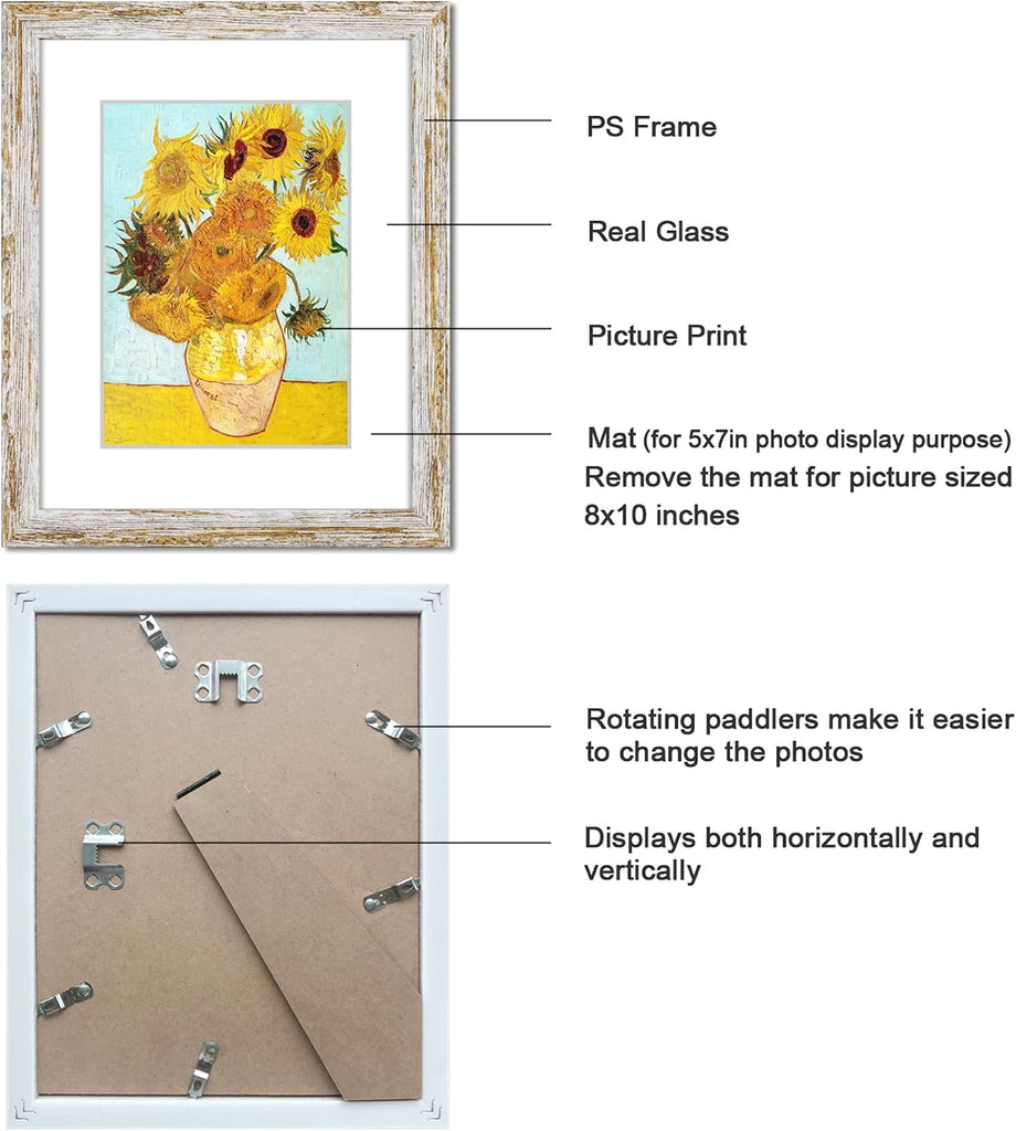 Rustic Distressed Retro Style White Frame 8x10 Picture Frame Set of 6 with Real Glass for Pictures 5x7 with Mat or