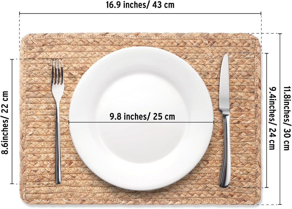 Woven Placemats, 17" x 12" Rattan Table Mats, Natural Water Hyacinth Chargers for Dinner Plates, Wicker - Set of 6