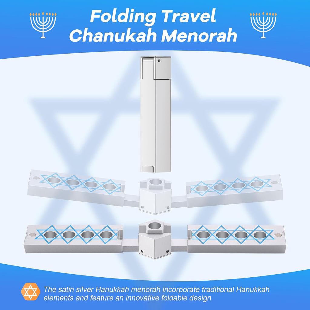 Folding Travel Chanukah with Candle Set, Foldable Hanukkah with 10 Blue and White Candles, Satin Silver, Fits