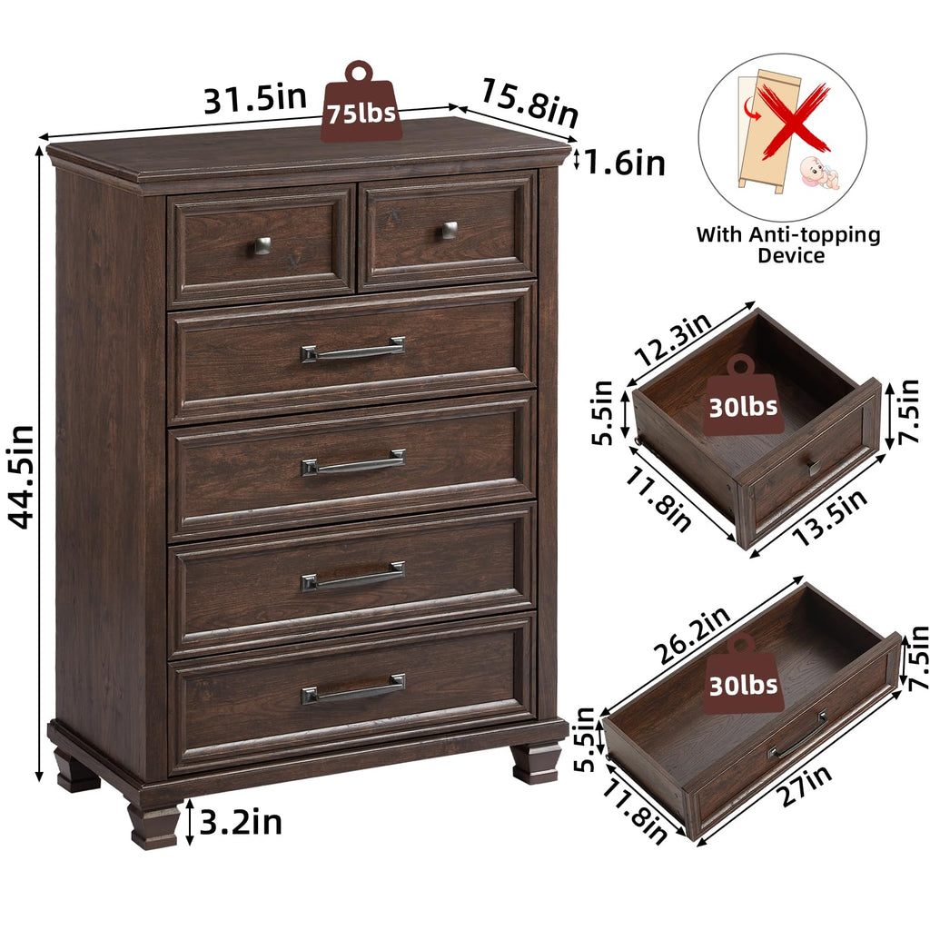 Farmhouse 6 Drawer Dresser, 45 Inch Tall Vintage Wood Chest of Drawers, Mid-Century Dressers w/Square Wooden Legs