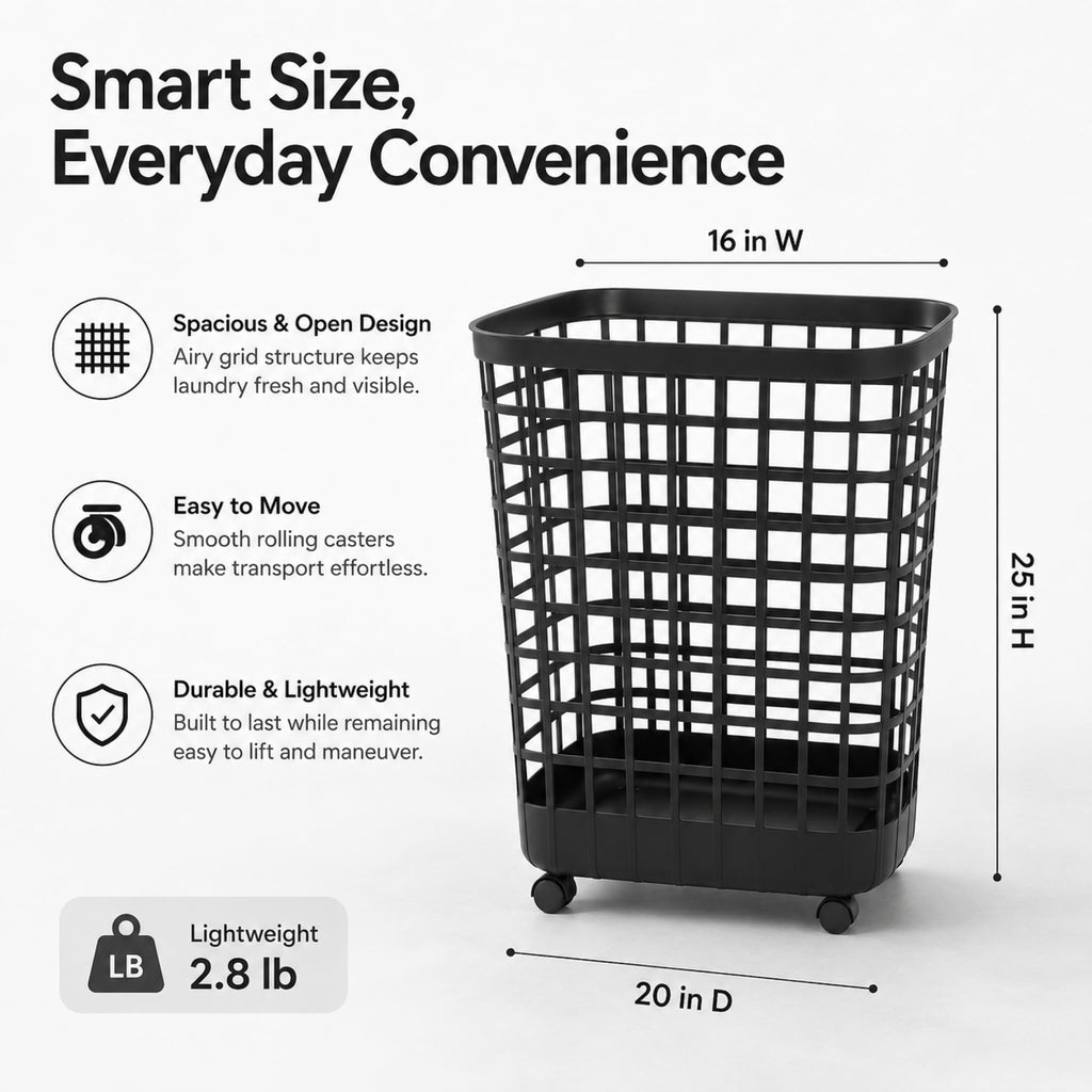 Wheeled Plastic Laundry Hamper 95L - Adult-Sized Rolling Basket With Handles s