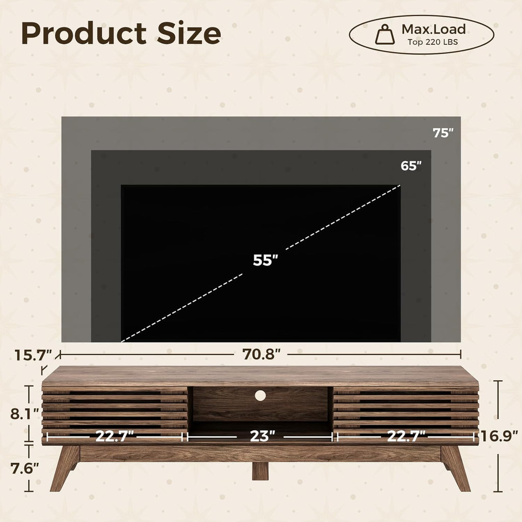 70.8" TV Stand for 55"/65"/75" TVs, Mid-Century Modern Fluted Entertainment Center with Sliding Doors, Storage