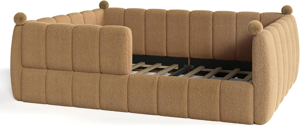Queen Size Teddy Fleece Upholstered Montessori Floor Bed with Fence,Low Profile Kids Bed Frame with Full Padded