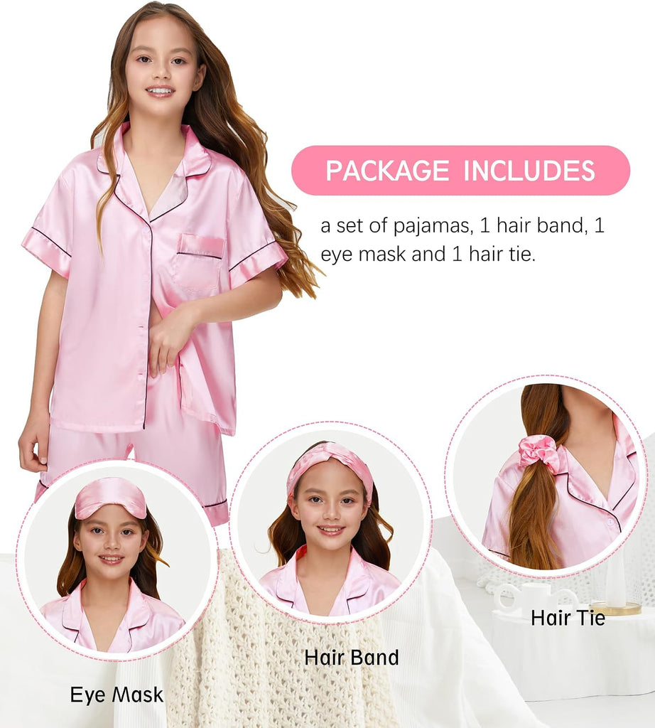 Kids Silk Pajamas Girls Satin Pajama Set Button Down Pjs Set