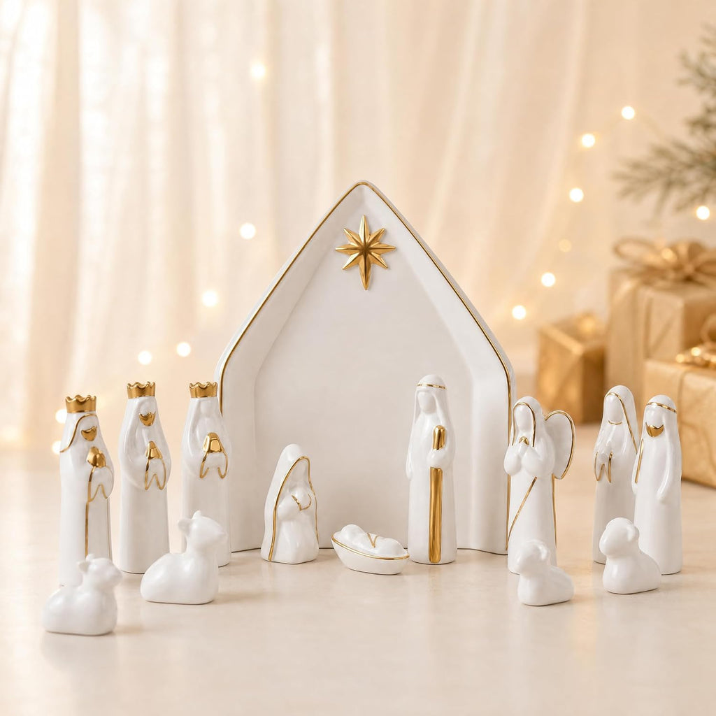 Ceramic 13Pcs Nativity Scene Set with Gold Trim