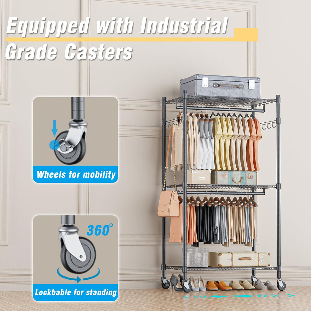 Narrow Rolling Garment Rack with Double Rods and 3 Adjustable Shelves, Compact Portable Closet Organizer, Laundry