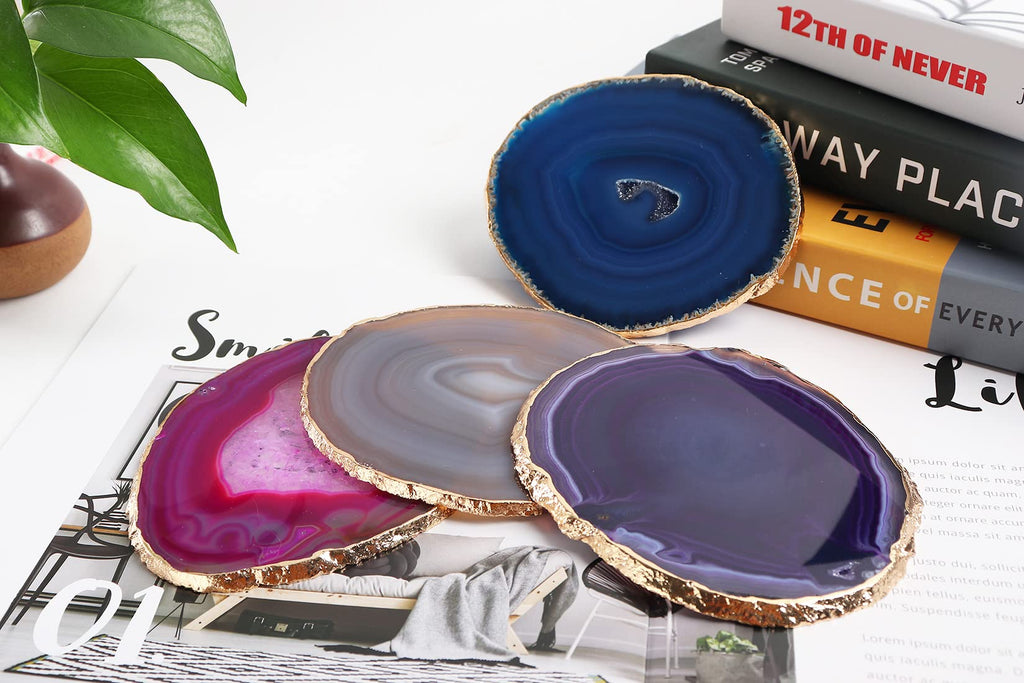 Mixed Color Agate Coasters Set of 4, Dyed Crystal Coaster for Drinks, Geode Agate Slice with Gold Edge, with Rubber