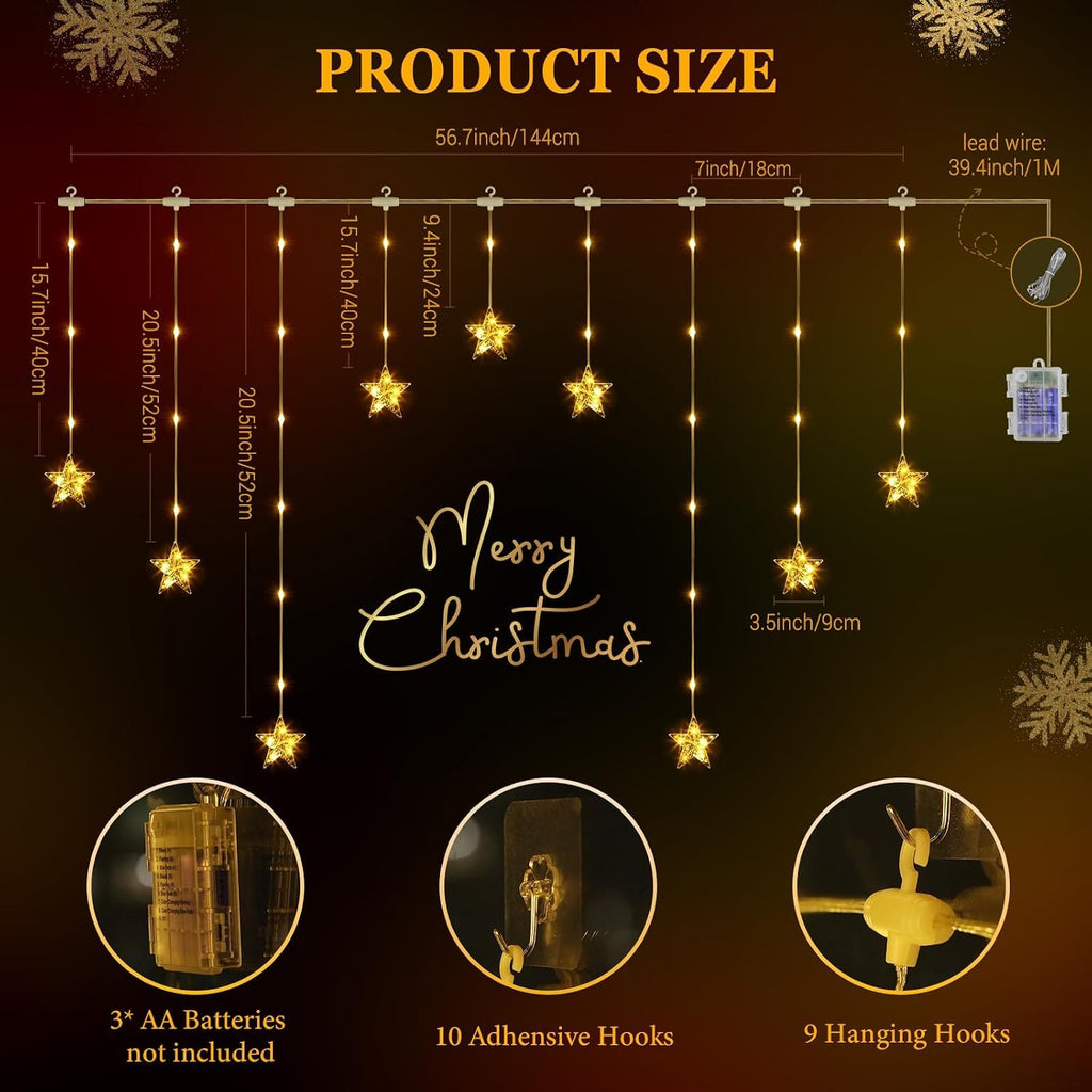 Window Lights, 76LEDs 9 Star Curtain Lights, Warm White&Multicolor, IP65 Waterproof, Timer & Memory Function, 8 Modes