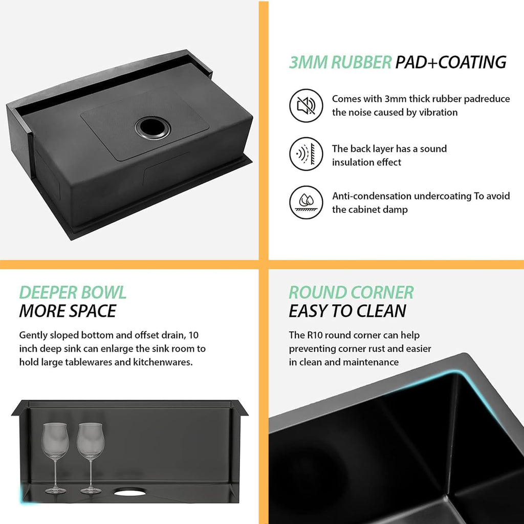 Black Farmhouse Sink - 36x22 Inch Undermount Sinks Gunmetal Black Stainless Steel 16 Gauge 36'' Apron Single Bowl