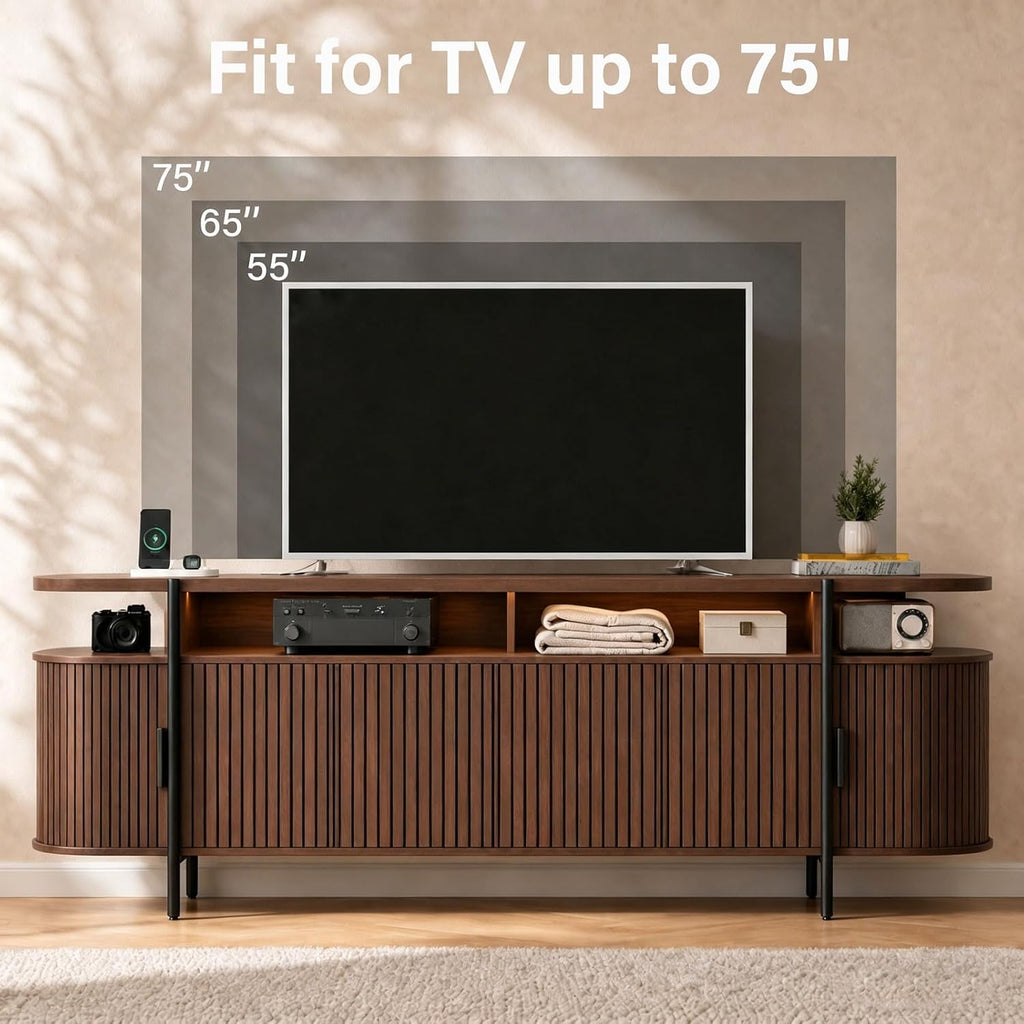 69" Mid Century Modern TV Stand, Curved Entertainment Center with LED Light & Power Outlet, Fluted Wood TV Stand for