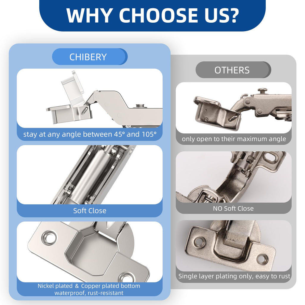 10 Pack Inset Cabinet Hinges, Soft Close, Frameless, 105°
