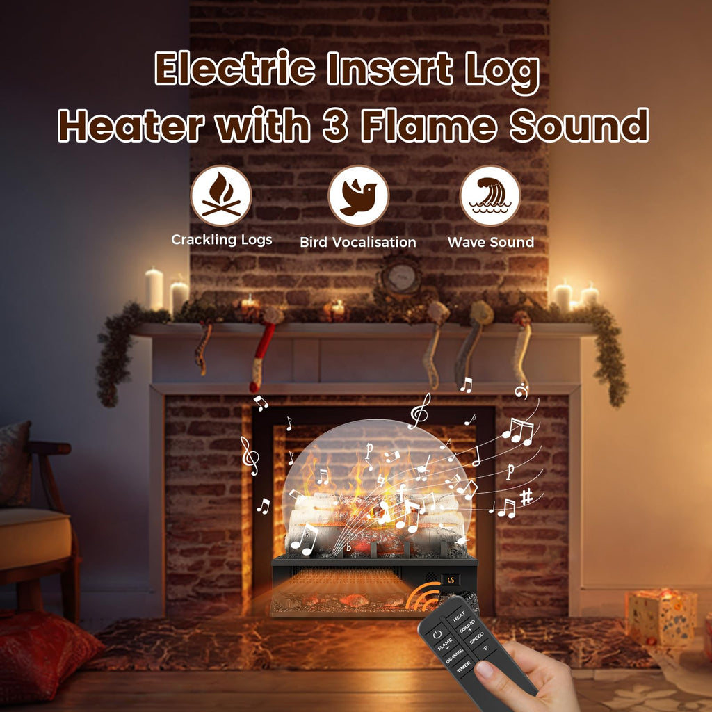 21" Freestanding Electric Fireplace Log Set with Cracking Sound, Fireplace Insert Heater with 8H Timer, 750w/1500w, 5