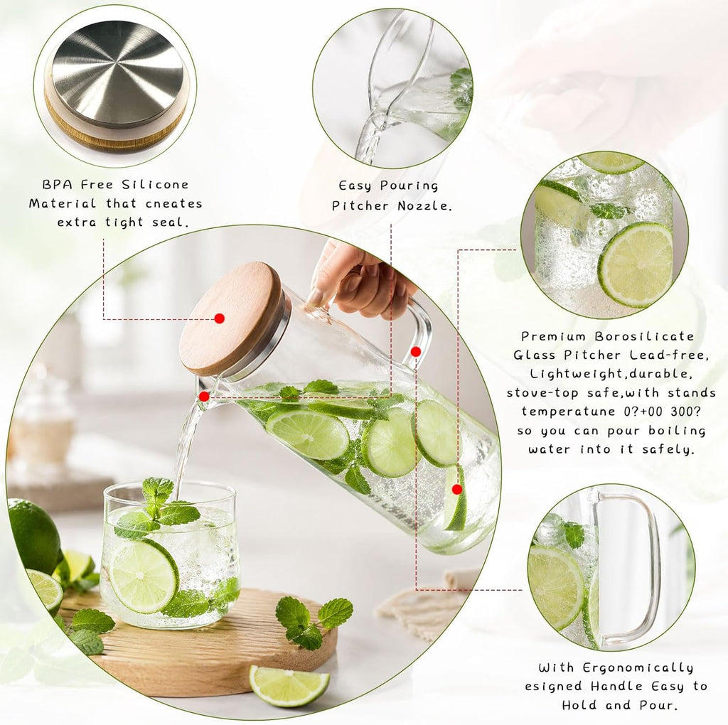 Glass Pitcher with Lid Glass Water Carafe with Handle, Fridge Water Jug Cold or Hot Beverages, Iced Tea, Milk, Juice