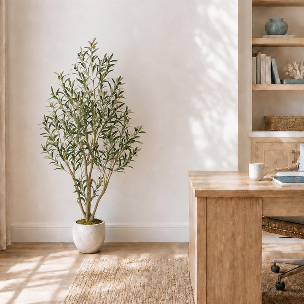 Tall Faux Olive Tree, 5ft(60in) Realistic Potted Silk Artificial Indoor with Green Leaves and Big Fruits Living Room