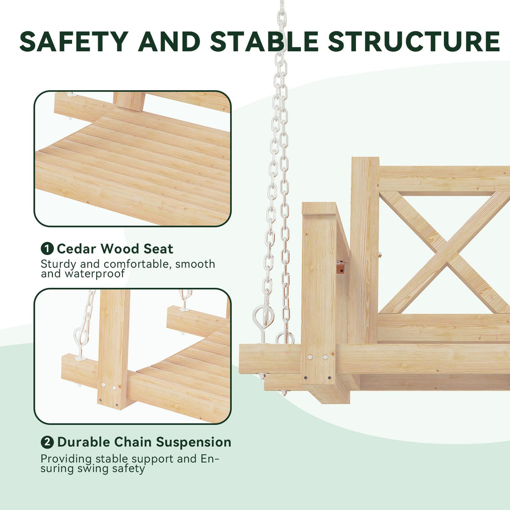 Porch Swing Cedar Wood Pergola with 3-Seat Hanging Bench, Natural