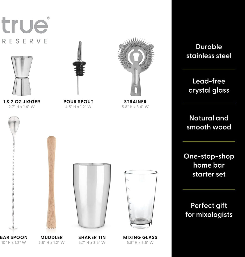 7-Piece Bartender Kit for Mixed Drinks and Cold Brew Cocktails, Includes Boston Shaker Tin, Mixing Glass, Jigger - Set of 7