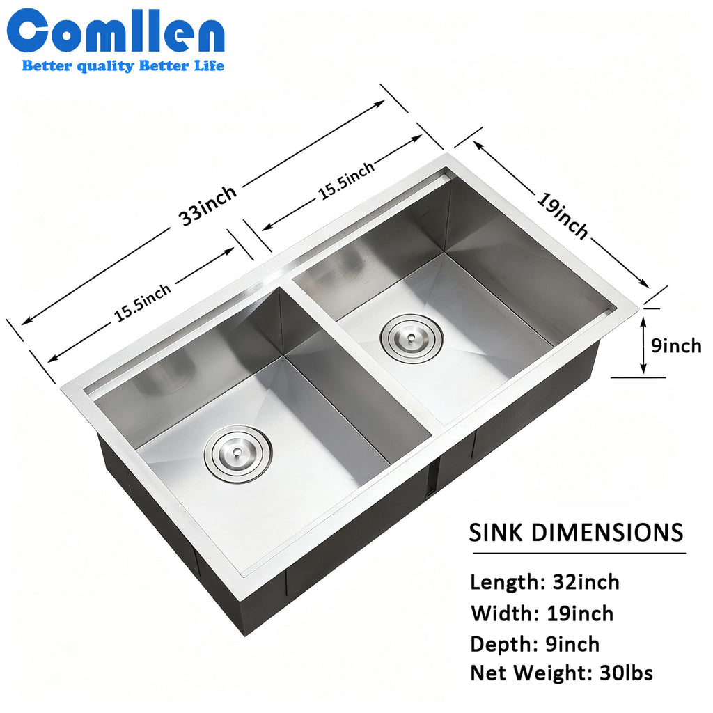 33 Inch Double Bowl Undermount Kitchen Sink, 33x19 Inch Workstation 16 Gauge Stainless Steel Double Kitchen Sinks with