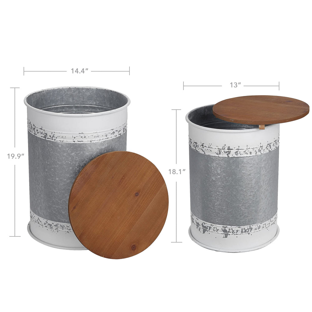 Farmhouse Accent Side Table, Set of 2 Galvanized Storage Ottoman