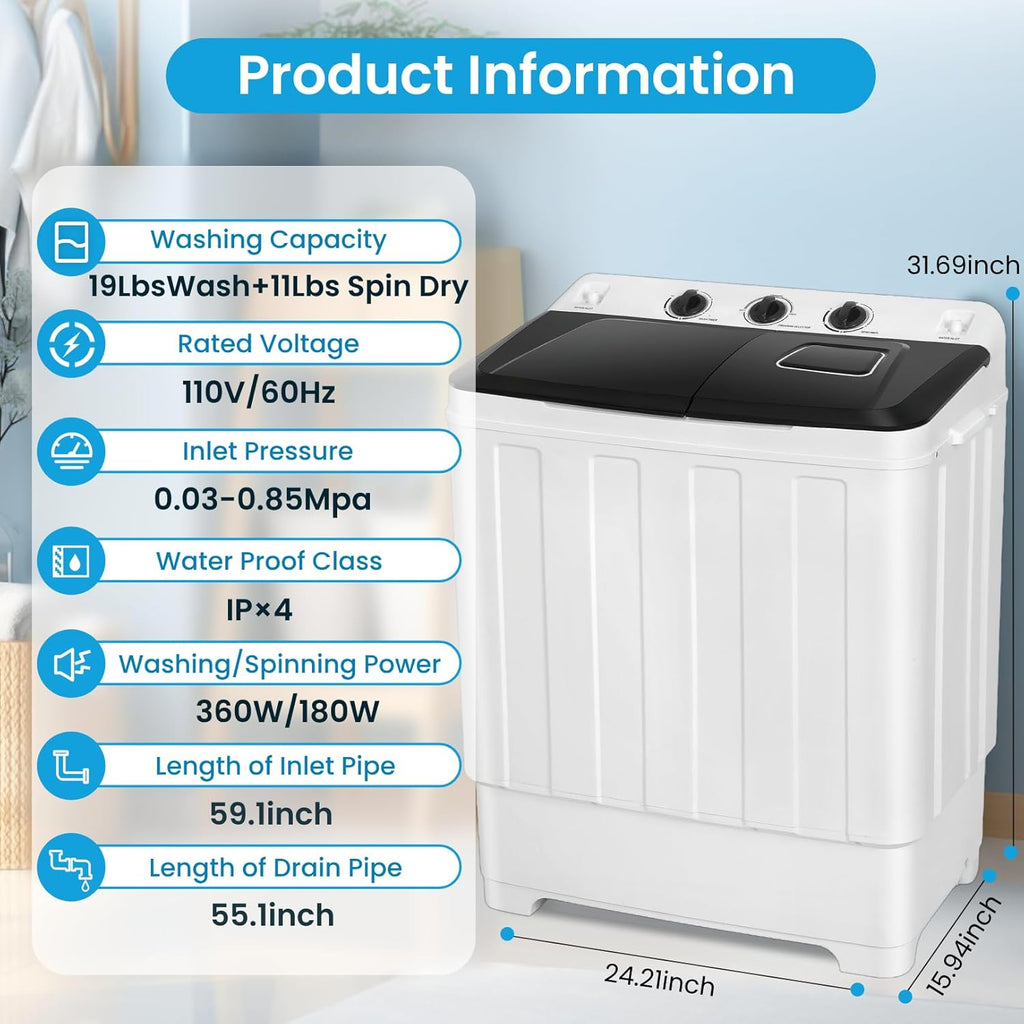 Portable Washing Machine 30Lbs Capacity Washer and Dryer Combo 2 In 1 Compact Twin Tub Laundry Washer (19Lbs) &
