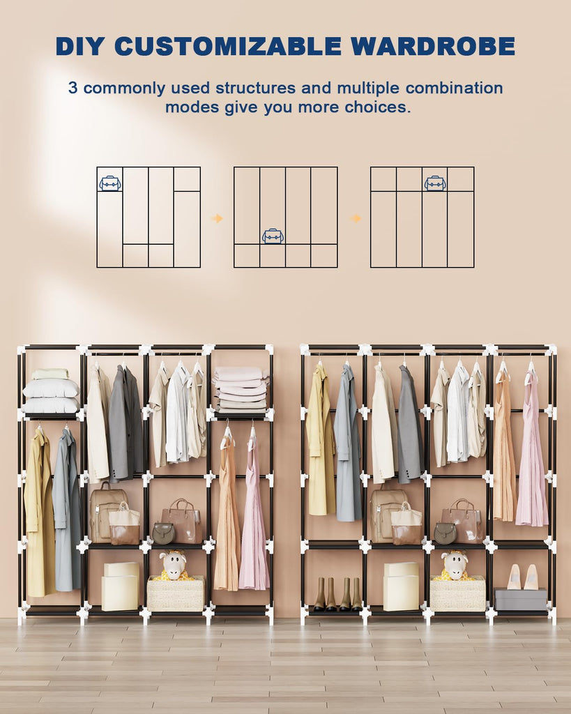 Clothes Organizer with 4 Hanging Rods, Portable Closet Wardrobe, Non-Woven Fabric Cover, Large Capacity Storage