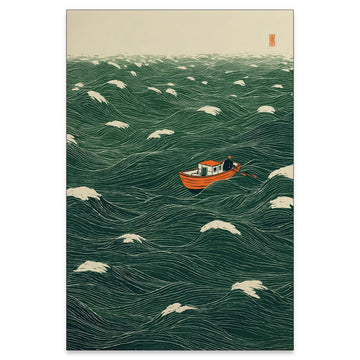 Vintage Japanese Posters Emerald Green Boat At Sea Canvas Wall Art Fuuny Oriental Asia Painting Traditional Ocean
