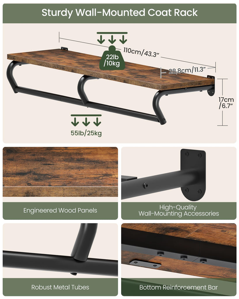 Wall Mounted Clothes Rack, Metal Garment Rack with Top Shelf, Laundry Storage Shelf with Hanging Rod, for Laundry
