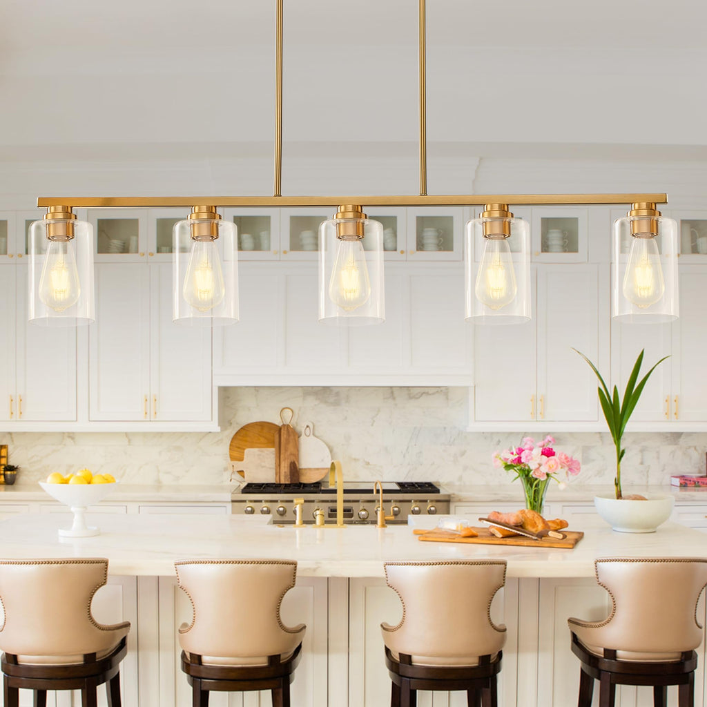 Island Light, Brushed Gold Dining Room Light Fixture Over Table, 5-Light Linear Chandelier Pendant Lighting