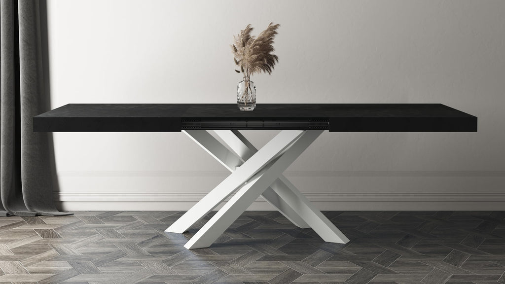 Emma 63(94.5) x35.4 in, Extendable Dining Table, Concrete Effect, Black with White Crossed Legs, Made in Italy