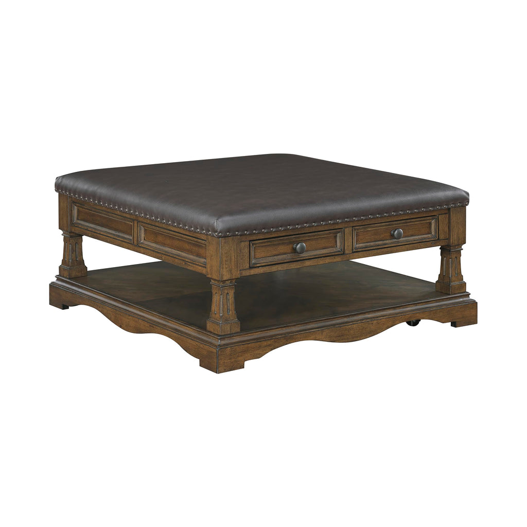 39" Square Storage Ottoman Coffee Table, Faux Leather, Brown