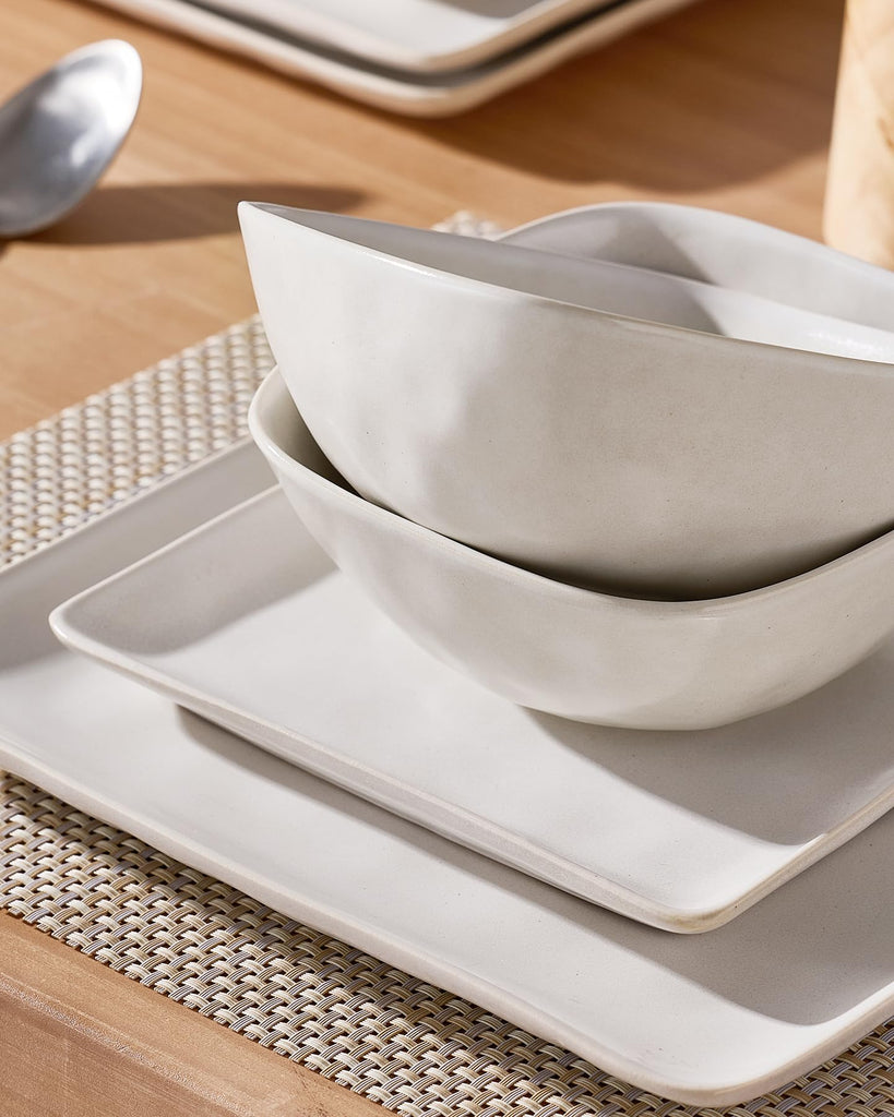 Square Ceramic Dinnerware Set for 6, Plates and Bowls, Matte White