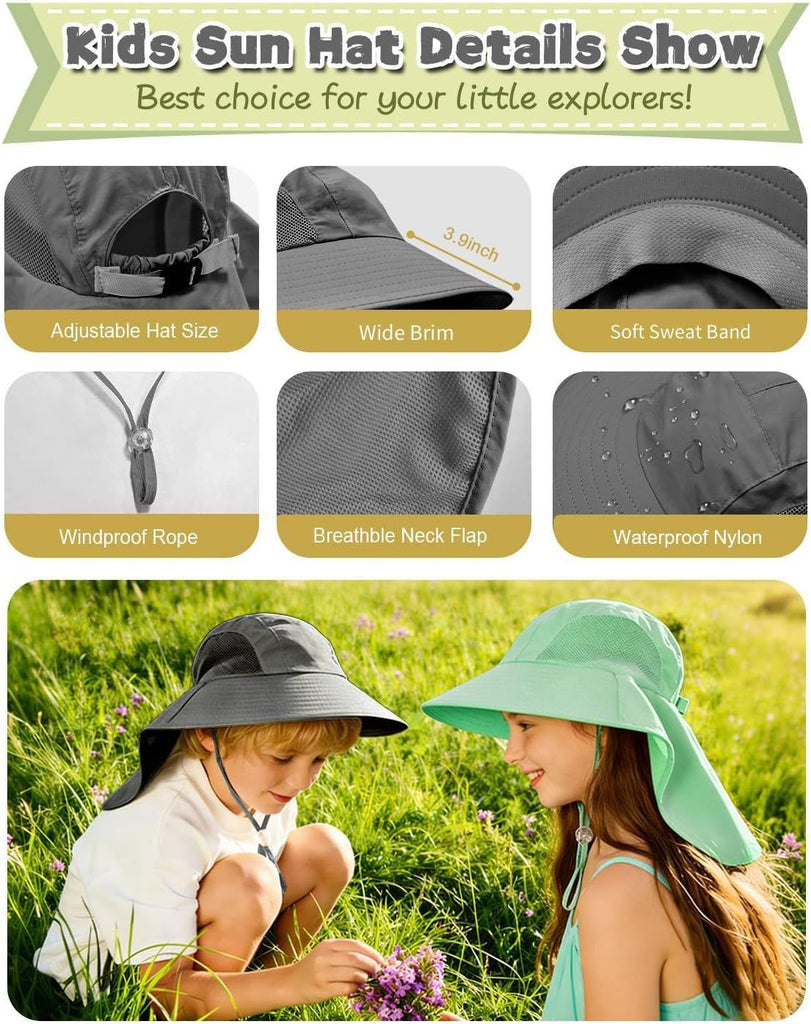 Kids Sun Hat with Neck Flap UV Protection Summer Toddler Beach Hat Unisex Ponytail Hat Wide Brim Fishing Hat
