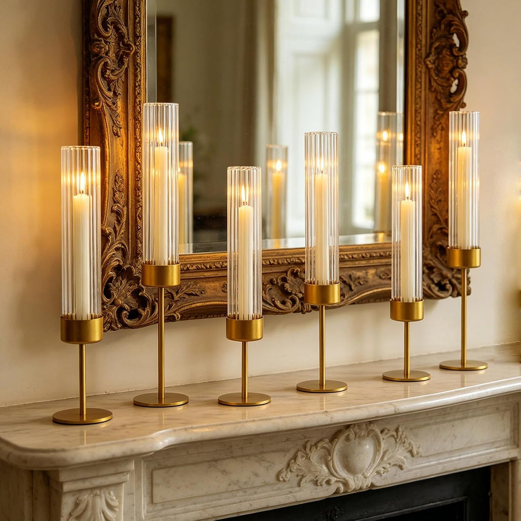 Gold Glass Hurricane Taper Candle Holders Bulk Set of Tall Ribbed Glass Cylinder Candlestick Holders for Wedding