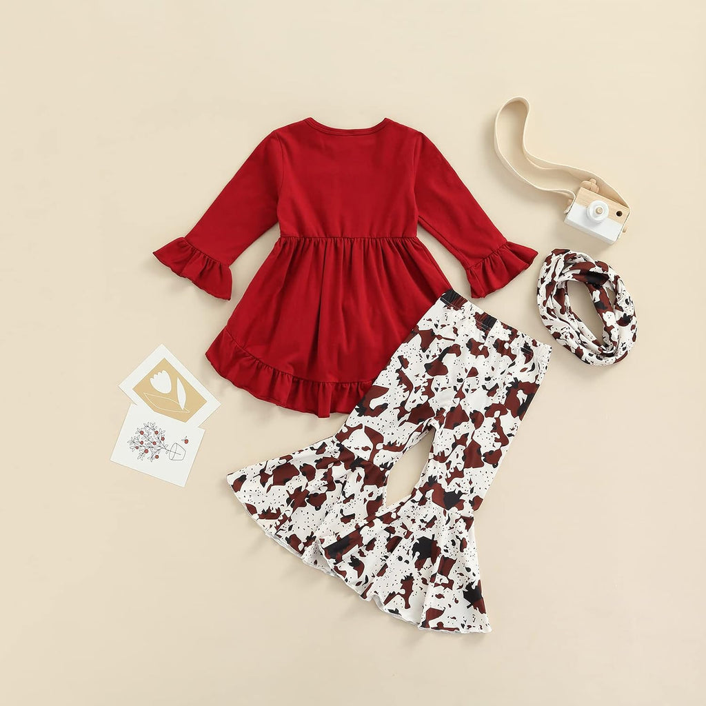 Toddler Baby Girl Clothes Long Sleeve Cow Print Outfit T-Shirt + Flare Pants Bell-Bottom Tie Dye Leggings Set