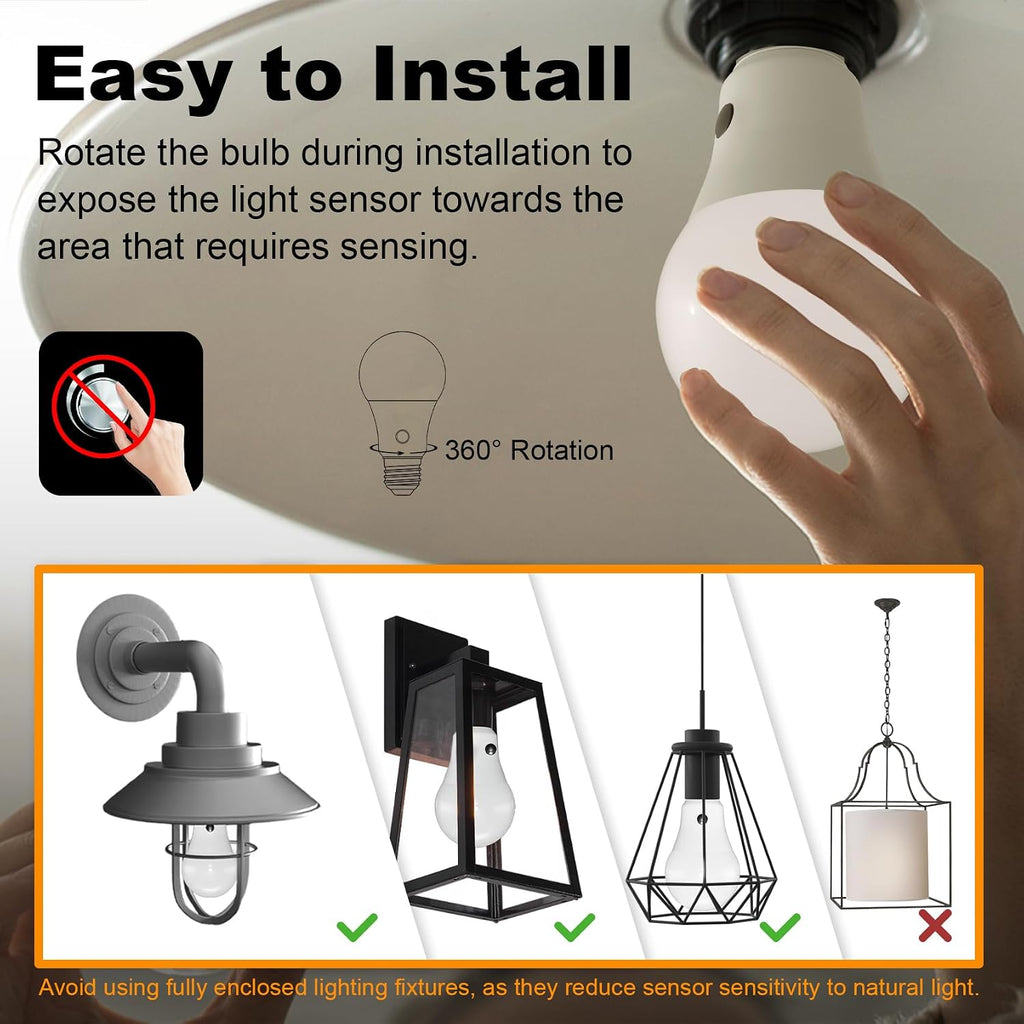 Dusk to Dawn Outdoor Light Bulb, Warm White 3000K, 4 Pack