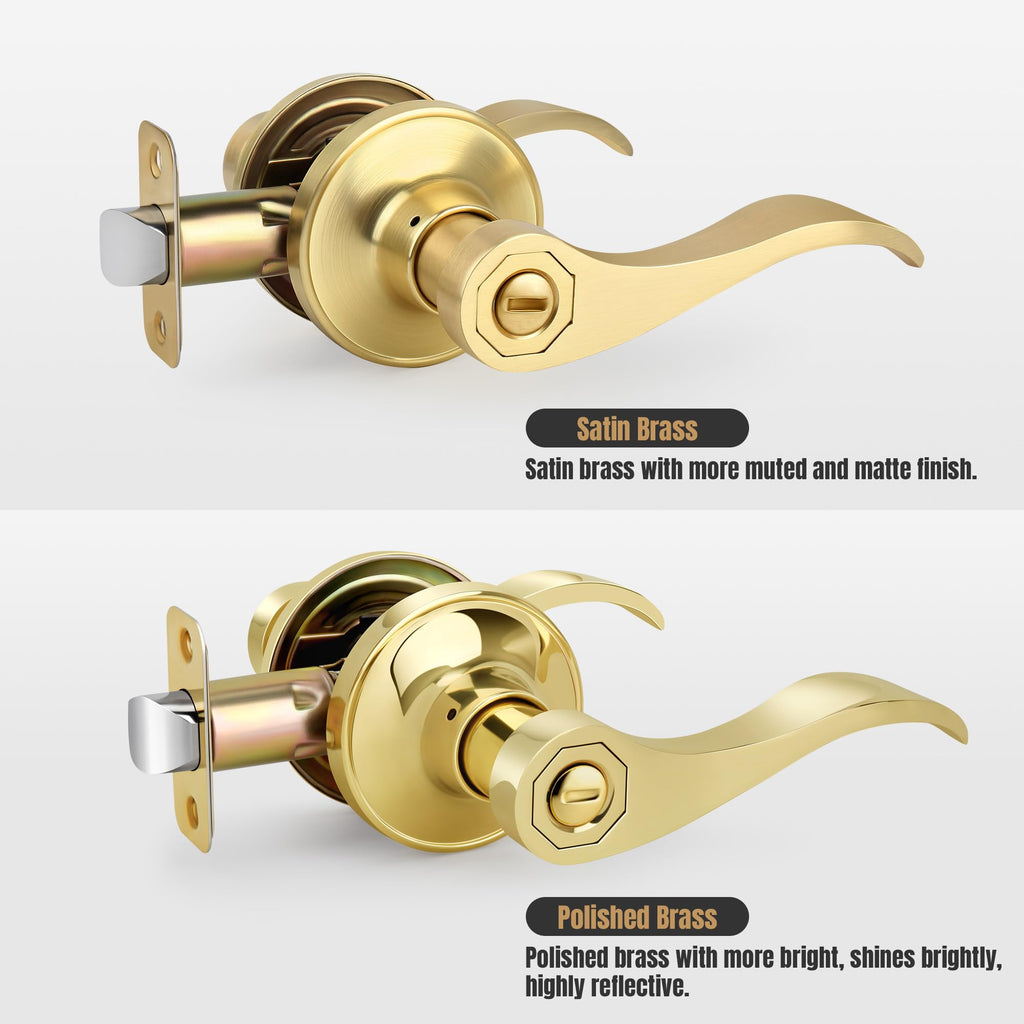 Wave Style Privacy Door Handle with Privacy Lock, Keyless Door Lever /Bedroom in Polished Brass Finish, No Key