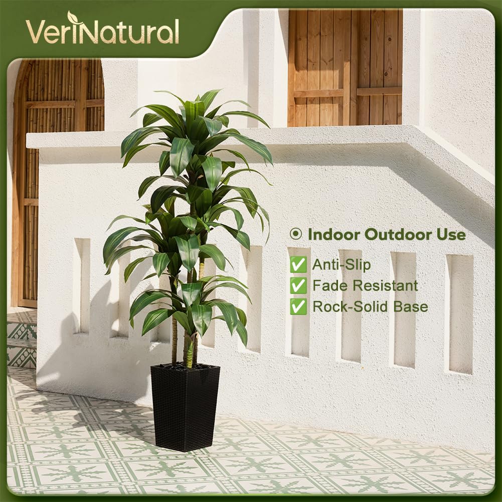 Artificial Dracaena Tree 6FT - Fake Tree with Black Taper Planter & Pebbles - UV Resistant Faux Yucca Tropical Plant