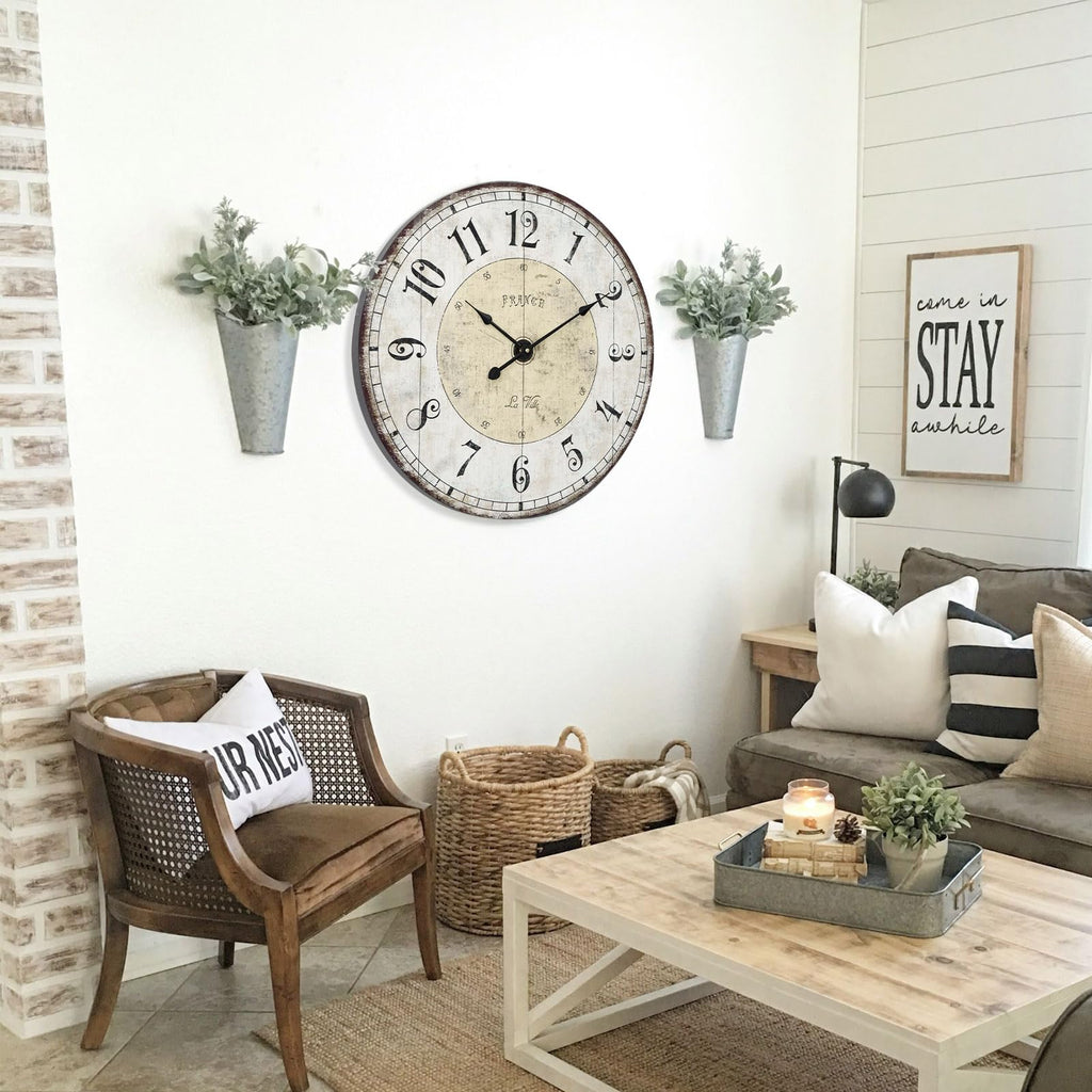 24 Inch Large Wall Clock, Rustic Round Farmhouse Wall Clocks Decor, Silent Non-Ticking Battery Operated Clock with